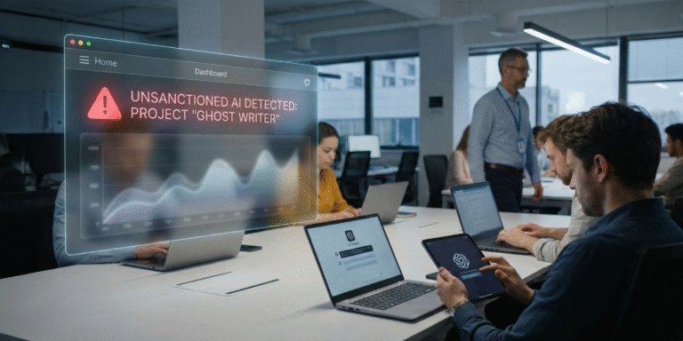 Shadow AI in workplaces showing employees using unsanctioned AI tools undetected.