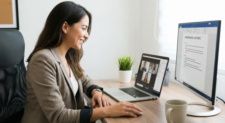 Online interview setup showing candidate using digital tools during a virtual job interview.